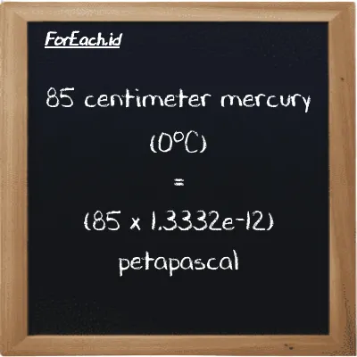 How to convert centimeter mercury (0<sup>o</sup>C) to petapascal: 85 centimeter mercury (0<sup>o</sup>C) (cmHg) is equivalent to 85 times 1.3332e-12 petapascal (PPa)