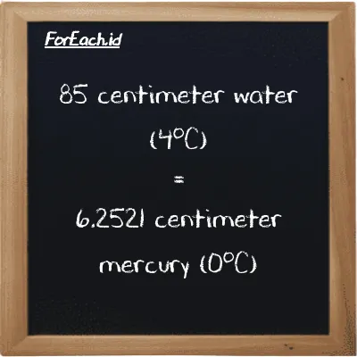 85 centimeter water (4<sup>o</sup>C) is equivalent to 6.2521 centimeter mercury (0<sup>o</sup>C) (85 cmH2O is equivalent to 6.2521 cmHg)