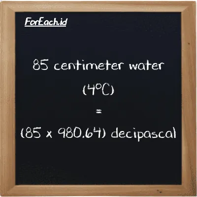 How to convert centimeter water (4<sup>o</sup>C) to decipascal: 85 centimeter water (4<sup>o</sup>C) (cmH2O) is equivalent to 85 times 980.64 decipascal (dPa)