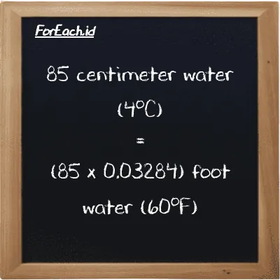 How to convert centimeter water (4<sup>o</sup>C) to foot water (60<sup>o</sup>F): 85 centimeter water (4<sup>o</sup>C) (cmH2O) is equivalent to 85 times 0.03284 foot water (60<sup>o</sup>F) (ftH2O)