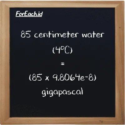 How to convert centimeter water (4<sup>o</sup>C) to gigapascal: 85 centimeter water (4<sup>o</sup>C) (cmH2O) is equivalent to 85 times 9.8064e-8 gigapascal (GPa)