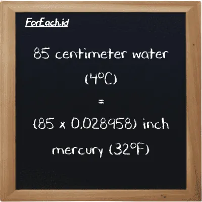 How to convert centimeter water (4<sup>o</sup>C) to inch mercury (32<sup>o</sup>F): 85 centimeter water (4<sup>o</sup>C) (cmH2O) is equivalent to 85 times 0.028958 inch mercury (32<sup>o</sup>F) (inHg)