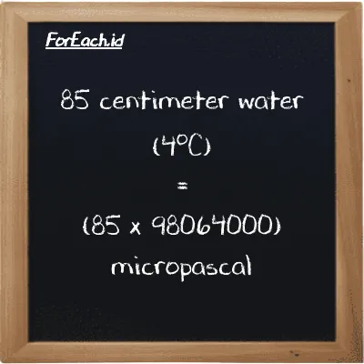 How to convert centimeter water (4<sup>o</sup>C) to micropascal: 85 centimeter water (4<sup>o</sup>C) (cmH2O) is equivalent to 85 times 98064000 micropascal (µPa)