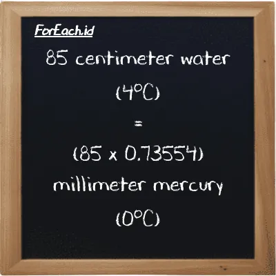 How to convert centimeter water (4<sup>o</sup>C) to millimeter mercury (0<sup>o</sup>C): 85 centimeter water (4<sup>o</sup>C) (cmH2O) is equivalent to 85 times 0.73554 millimeter mercury (0<sup>o</sup>C) (mmHg)
