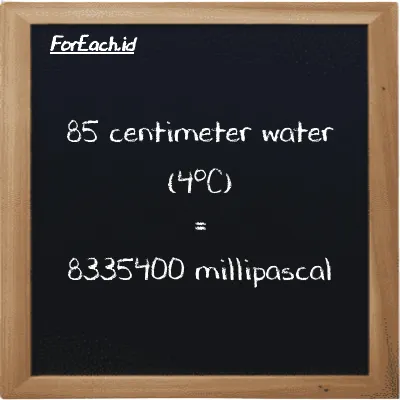85 centimeter water (4<sup>o</sup>C) is equivalent to 8335400 millipascal (85 cmH2O is equivalent to 8335400 mPa)