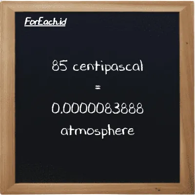 85 centipascal is equivalent to 0.0000083888 atmosphere (85 cPa is equivalent to 0.0000083888 atm)