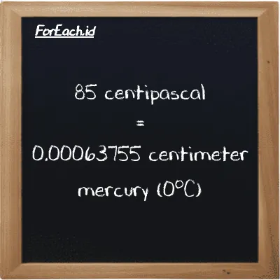 85 centipascal is equivalent to 0.00063755 centimeter mercury (0<sup>o</sup>C) (85 cPa is equivalent to 0.00063755 cmHg)