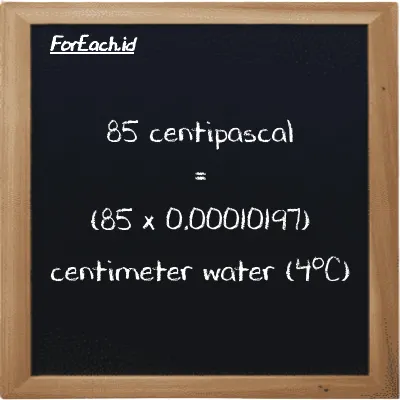 How to convert centipascal to centimeter water (4<sup>o</sup>C): 85 centipascal (cPa) is equivalent to 85 times 0.00010197 centimeter water (4<sup>o</sup>C) (cmH2O)