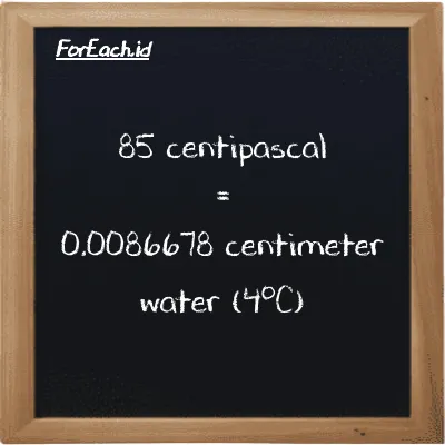85 centipascal is equivalent to 0.0086678 centimeter water (4<sup>o</sup>C) (85 cPa is equivalent to 0.0086678 cmH2O)