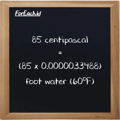How to convert centipascal to foot water (60<sup>o</sup>F): 85 centipascal (cPa) is equivalent to 85 times 0.0000033488 foot water (60<sup>o</sup>F) (ftH2O)