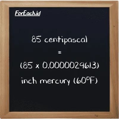 How to convert centipascal to inch mercury (60<sup>o</sup>F): 85 centipascal (cPa) is equivalent to 85 times 0.0000029613 inch mercury (60<sup>o</sup>F) (inHg)