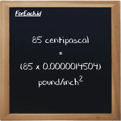 How to convert centipascal to pound/inch<sup>2</sup>: 85 centipascal (cPa) is equivalent to 85 times 0.0000014504 pound/inch<sup>2</sup> (psi)