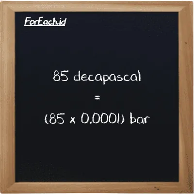 How to convert decapascal to bar: 85 decapascal (daPa) is equivalent to 85 times 0.0001 bar (bar)
