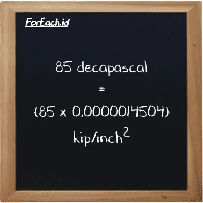 How to convert decapascal to kip/inch<sup>2</sup>: 85 decapascal (daPa) is equivalent to 85 times 0.0000014504 kip/inch<sup>2</sup> (ksi)