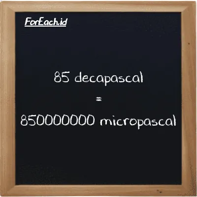 85 decapascal is equivalent to 850000000 micropascal (85 daPa is equivalent to 850000000 µPa)