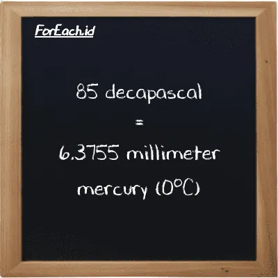 How to convert decapascal to millimeter mercury (0<sup>o</sup>C): 85 decapascal (daPa) is equivalent to 85 times 0.075006 millimeter mercury (0<sup>o</sup>C) (mmHg)