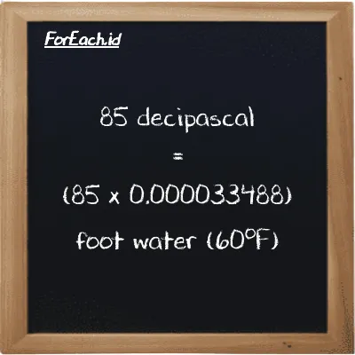 How to convert decipascal to foot water (60<sup>o</sup>F): 85 decipascal (dPa) is equivalent to 85 times 0.000033488 foot water (60<sup>o</sup>F) (ftH2O)