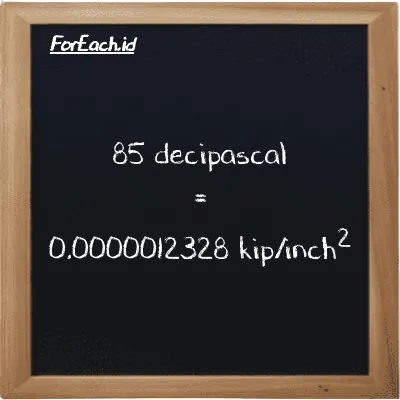 How to convert decipascal to kip/inch<sup>2</sup>: 85 decipascal (dPa) is equivalent to 85 times 1.4504e-8 kip/inch<sup>2</sup> (ksi)