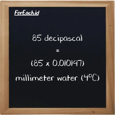 How to convert decipascal to millimeter water (4<sup>o</sup>C): 85 decipascal (dPa) is equivalent to 85 times 0.010197 millimeter water (4<sup>o</sup>C) (mmH2O)