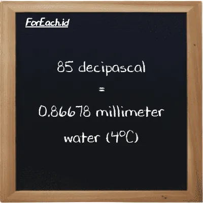 85 decipascal is equivalent to 0.86678 millimeter water (4<sup>o</sup>C) (85 dPa is equivalent to 0.86678 mmH2O)