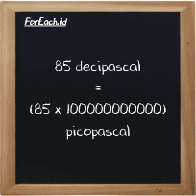 How to convert decipascal to picopascal: 85 decipascal (dPa) is equivalent to 85 times 100000000000 picopascal (pPa)