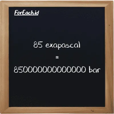 85 exapascal is equivalent to 850000000000000 bar (85 EPa is equivalent to 850000000000000 bar)