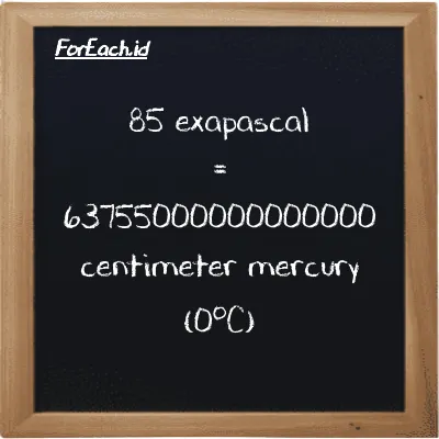 85 exapascal is equivalent to 63755000000000000 centimeter mercury (0<sup>o</sup>C) (85 EPa is equivalent to 63755000000000000 cmHg)