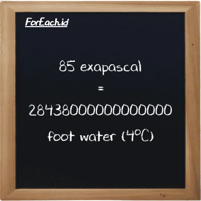 85 exapascal is equivalent to 28438000000000000 foot water (4<sup>o</sup>C) (85 EPa is equivalent to 28438000000000000 ftH2O)