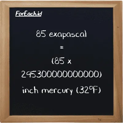 How to convert exapascal to inch mercury (32<sup>o</sup>F): 85 exapascal (EPa) is equivalent to 85 times 295300000000000 inch mercury (32<sup>o</sup>F) (inHg)