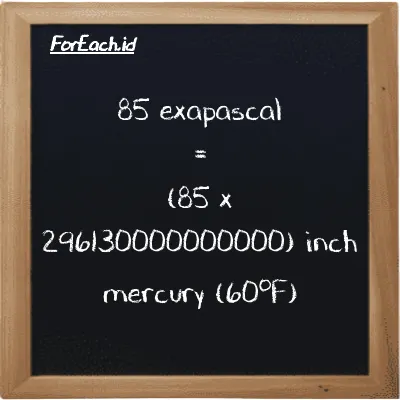 How to convert exapascal to inch mercury (60<sup>o</sup>F): 85 exapascal (EPa) is equivalent to 85 times 296130000000000 inch mercury (60<sup>o</sup>F) (inHg)