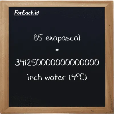 85 exapascal is equivalent to 341250000000000000 inch water (4<sup>o</sup>C) (85 EPa is equivalent to 341250000000000000 inH2O)