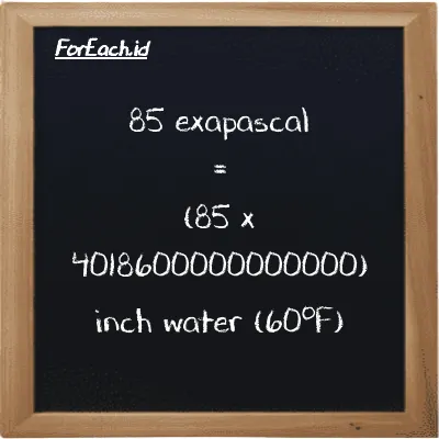 How to convert exapascal to inch water (60<sup>o</sup>F): 85 exapascal (EPa) is equivalent to 85 times 4018600000000000 inch water (60<sup>o</sup>F) (inH20)