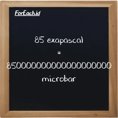 85 exapascal is equivalent to 850000000000000000000 microbar (85 EPa is equivalent to 850000000000000000000 µbar)