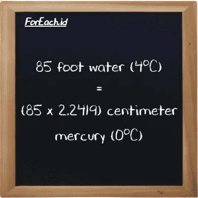 How to convert foot water (4<sup>o</sup>C) to centimeter mercury (0<sup>o</sup>C): 85 foot water (4<sup>o</sup>C) (ftH2O) is equivalent to 85 times 2.2419 centimeter mercury (0<sup>o</sup>C) (cmHg)