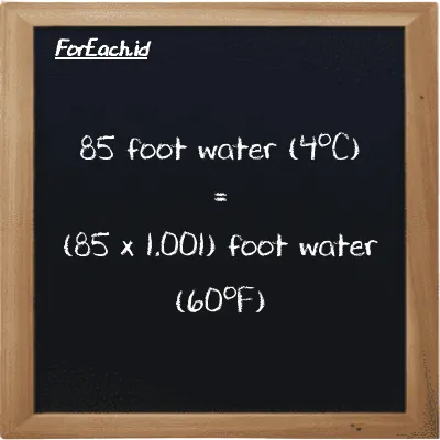 How to convert foot water (4<sup>o</sup>C) to foot water (60<sup>o</sup>F): 85 foot water (4<sup>o</sup>C) (ftH2O) is equivalent to 85 times 1.001 foot water (60<sup>o</sup>F) (ftH2O)