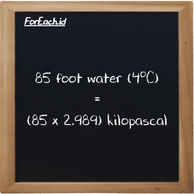 How to convert foot water (4<sup>o</sup>C) to kilopascal: 85 foot water (4<sup>o</sup>C) (ftH2O) is equivalent to 85 times 2.989 kilopascal (kPa)