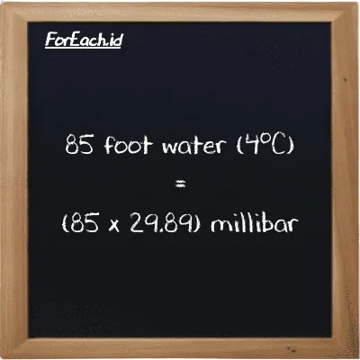 How to convert foot water (4<sup>o</sup>C) to millibar: 85 foot water (4<sup>o</sup>C) (ftH2O) is equivalent to 85 times 29.89 millibar (mbar)