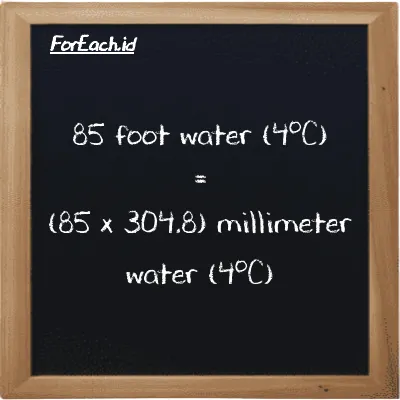 How to convert foot water (4<sup>o</sup>C) to millimeter water (4<sup>o</sup>C): 85 foot water (4<sup>o</sup>C) (ftH2O) is equivalent to 85 times 304.8 millimeter water (4<sup>o</sup>C) (mmH2O)