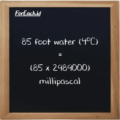 How to convert foot water (4<sup>o</sup>C) to millipascal: 85 foot water (4<sup>o</sup>C) (ftH2O) is equivalent to 85 times 2989000 millipascal (mPa)