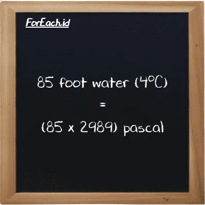 How to convert foot water (4<sup>o</sup>C) to pascal: 85 foot water (4<sup>o</sup>C) (ftH2O) is equivalent to 85 times 2989 pascal (Pa)