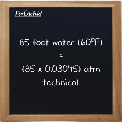 How to convert foot water (60<sup>o</sup>F) to atm technical: 85 foot water (60<sup>o</sup>F) (ftH2O) is equivalent to 85 times 0.03045 atm technical (at)
