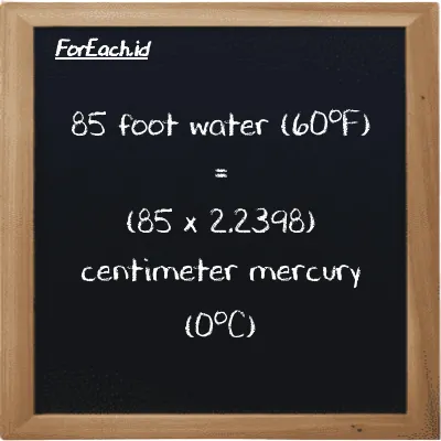 How to convert foot water (60<sup>o</sup>F) to centimeter mercury (0<sup>o</sup>C): 85 foot water (60<sup>o</sup>F) (ftH2O) is equivalent to 85 times 2.2398 centimeter mercury (0<sup>o</sup>C) (cmHg)