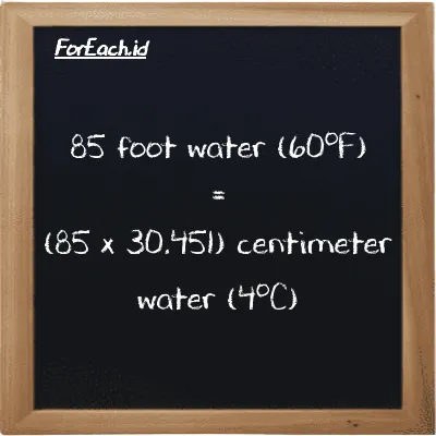 How to convert foot water (60<sup>o</sup>F) to centimeter water (4<sup>o</sup>C): 85 foot water (60<sup>o</sup>F) (ftH2O) is equivalent to 85 times 30.451 centimeter water (4<sup>o</sup>C) (cmH2O)