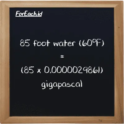 How to convert foot water (60<sup>o</sup>F) to gigapascal: 85 foot water (60<sup>o</sup>F) (ftH2O) is equivalent to 85 times 0.0000029861 gigapascal (GPa)