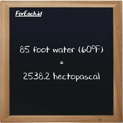 85 foot water (60<sup>o</sup>F) is equivalent to 2538.2 hectopascal (85 ftH2O is equivalent to 2538.2 hPa)