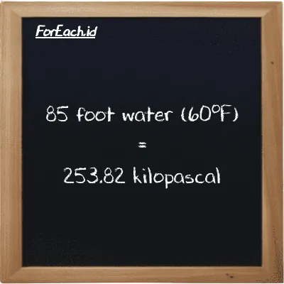 85 foot water (60<sup>o</sup>F) is equivalent to 253.82 kilopascal (85 ftH2O is equivalent to 253.82 kPa)