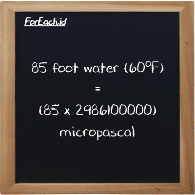 How to convert foot water (60<sup>o</sup>F) to micropascal: 85 foot water (60<sup>o</sup>F) (ftH2O) is equivalent to 85 times 2986100000 micropascal (µPa)