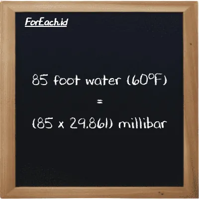 How to convert foot water (60<sup>o</sup>F) to millibar: 85 foot water (60<sup>o</sup>F) (ftH2O) is equivalent to 85 times 29.861 millibar (mbar)