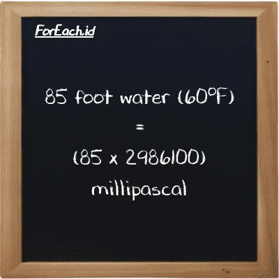 How to convert foot water (60<sup>o</sup>F) to millipascal: 85 foot water (60<sup>o</sup>F) (ftH2O) is equivalent to 85 times 2986100 millipascal (mPa)