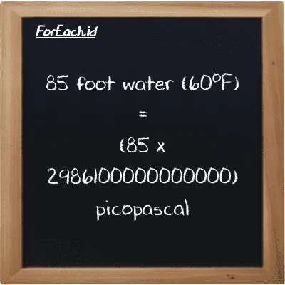 How to convert foot water (60<sup>o</sup>F) to picopascal: 85 foot water (60<sup>o</sup>F) (ftH2O) is equivalent to 85 times 2986100000000000 picopascal (pPa)